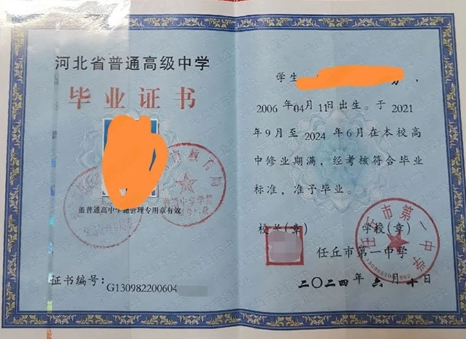 淮安任丘市第一中学高中毕业证样本图片